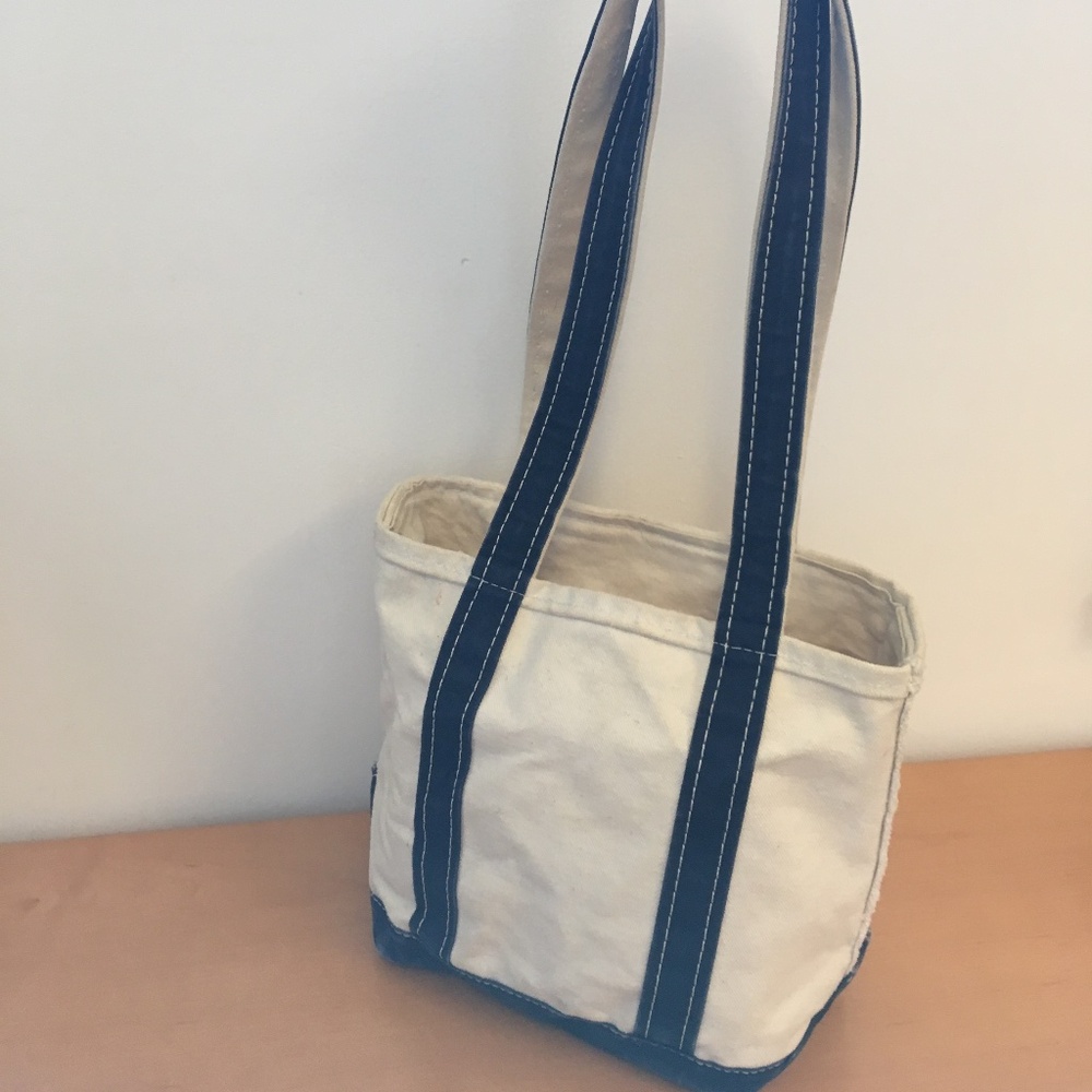 Vintage LL Bean canvas small boat tote zip top long blue handles